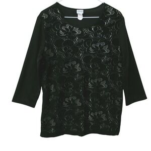 Haband! Black Floral Lace Overlay 3/4 Sleeve Scoop Neck Blouse Large